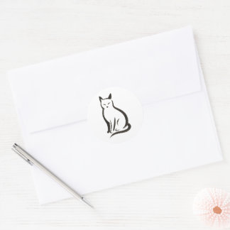 Adesivo Redondo Sentado Gato - Silhueta de Tinta Minimalista ativa