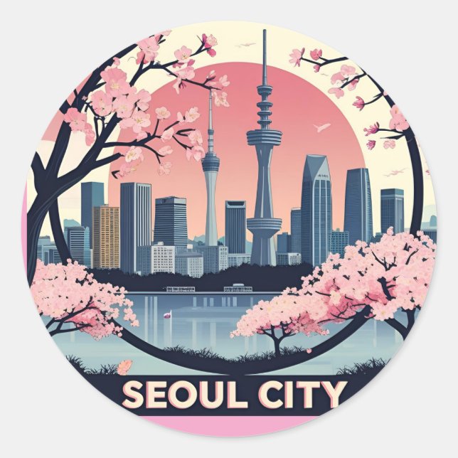 Adesivo Redondo Seoul City Modern Skyline Retro Art Coreia do Sul (Frente)