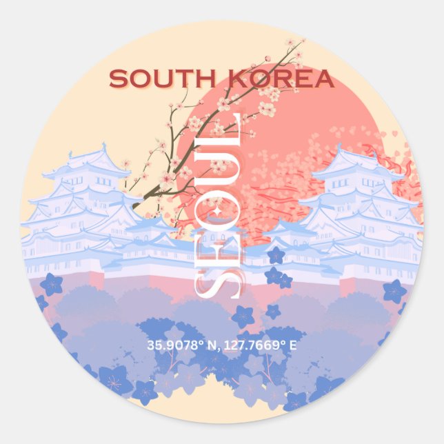 Adesivo Redondo Seoul South Korea Viagem Art, Pastel (Frente)