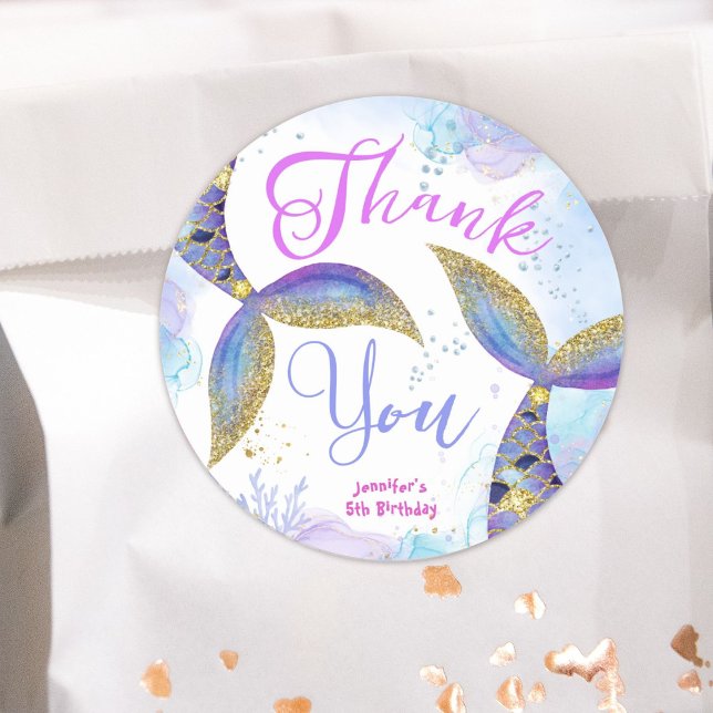 Adesivo Redondo Sereia 5 Birthday Girls Blue Dourado (Criador carregado)