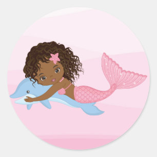 Adesivo Redondo Sereia Afro-Americana com Dolphin Sticker