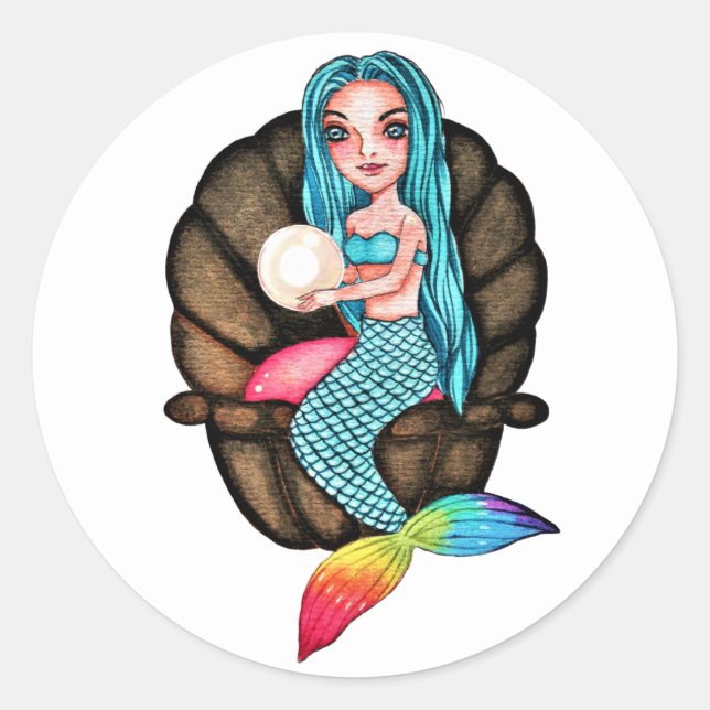 Adesivo Redondo Sereia Arco-Íris Com Pérola Em Aquarela (Frente)