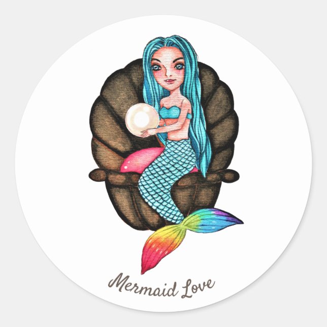 Adesivo Redondo Sereia Arco-Íris Com Pérola Em Aquarela (Frente)