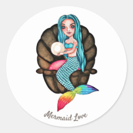 Adesivo Redondo Sereia Arco-Íris Com Pérola Em Aquarela