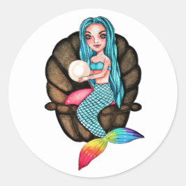Adesivo Redondo Sereia Arco-Íris Com Pérola Em Aquarela
