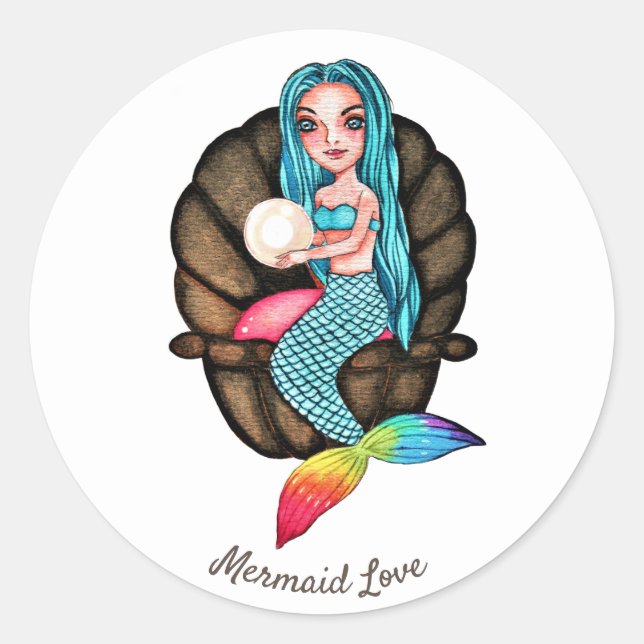 Adesivo Redondo Sereia Arco-Íris Com Pérola Em Aquarela (Frente)