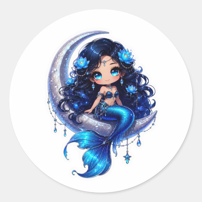 Adesivo Redondo Sereia Celestial Chibi Fofa na Lua Crescente  (Frente)