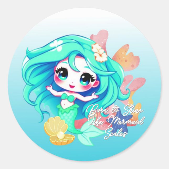 Adesivo Redondo Sereia Chibi Adorável com Escalas de Espumantes (Frente)