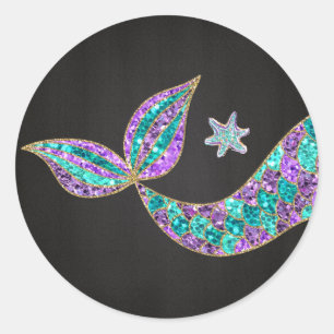 Adesivo Redondo Sereia com cola brilhante, sob o mar Obrigado