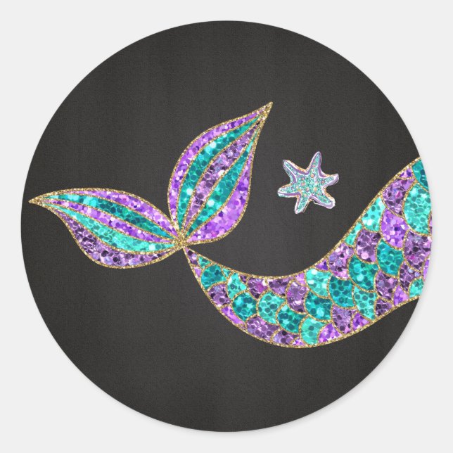 Adesivo Redondo Sereia com cola brilhante, sob o mar Obrigado (Frente)