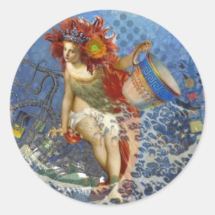Adesivo Redondo Sereia de Aquário Arte Azul Gótica