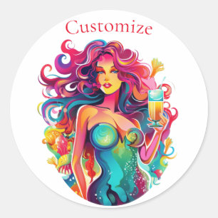 Adesivo Redondo Sereia de cabelo arco-íris com coquetel