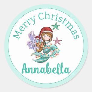 Adesivo Redondo Sereia de Natal em Santa Chapéu em Teal