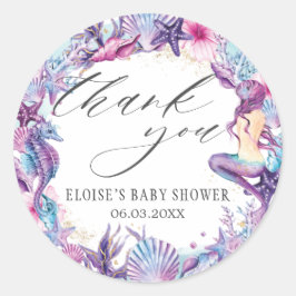 Adesivo Redondo Sereia Debaixo do Mar Chá de Bebê Roxo Turquesa