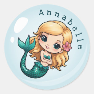 Adesivo Redondo Sereia doce no cabelo de uma bolha personalizada