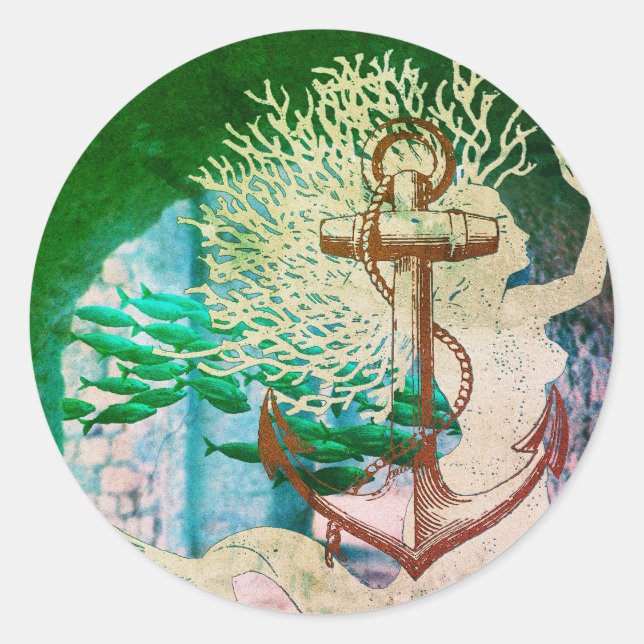 Adesivo Redondo Sereia E Escolas De Peixes (Frente)