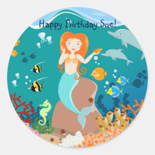 Adesivo Redondo Sereia e golfinhos sob a festa de aniversário marí
