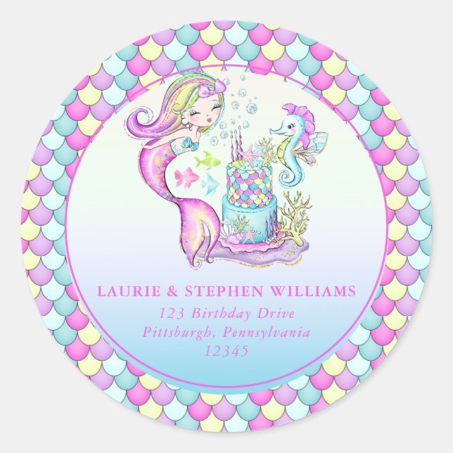 Adesivo Redondo Sereia | Endereço de regresso de aniversário da Se (Frente)