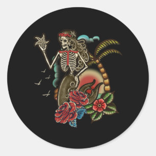 Adesivo Redondo Sereia Esqueleto Tradicional Tatuagem Velha Colmei