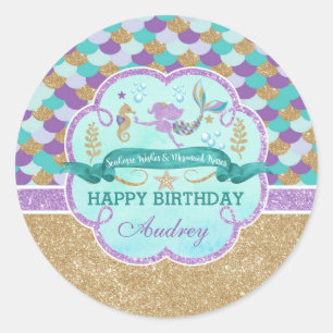 Adesivo Redondo Sereia Feliz Aniversário Personalizado