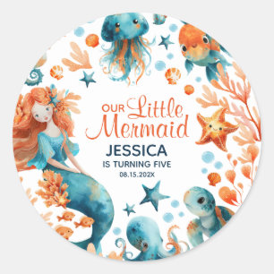 Adesivo Redondo Sereia Fofa Sob O Aniversário Da Bebê Do Mar
