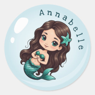 Adesivo Redondo Sereia Gelada, Cabelo Castanho, Olhos Verdes Perso