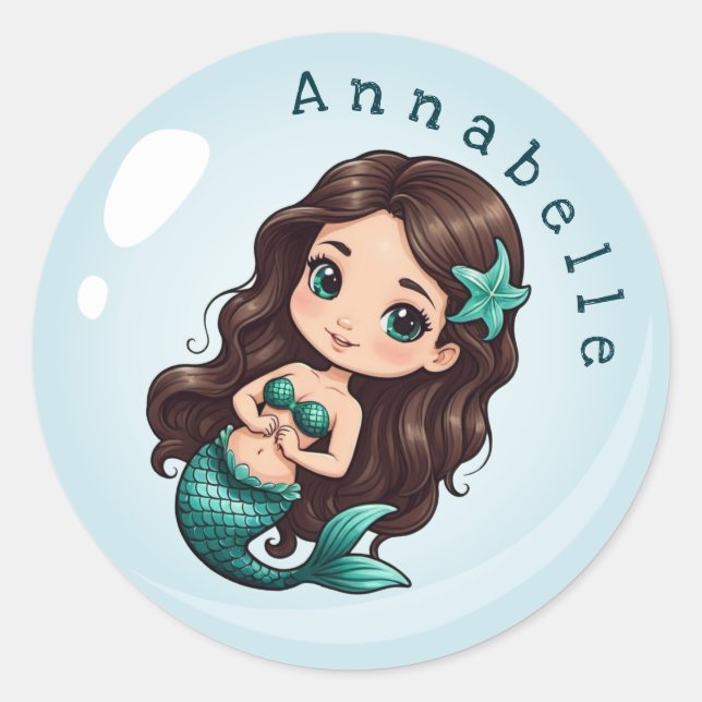 Adesivo Redondo Sereia Gelada, Cabelo Castanho, Olhos Verdes Perso (Frente)