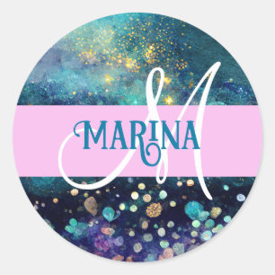 Adesivo Redondo Sereia Glam Aqua Dourado Brilho Brilhos Monograma