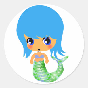 Adesivo Redondo sereia mágica chibi cabelo azul