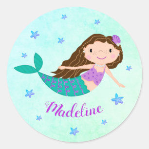 Adesivo Redondo Sereia Natal Roxo Nome Personalizado da Glitter