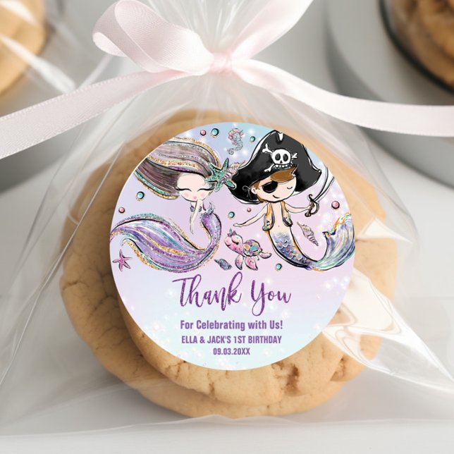 Adesivo Redondo Sereia Pirata Sob O Favor Conjunta De Aniversário  (Criador carregado)