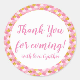 Adesivo Redondo Sereia Rosa, Aniversário Obrigado Tag Stickers