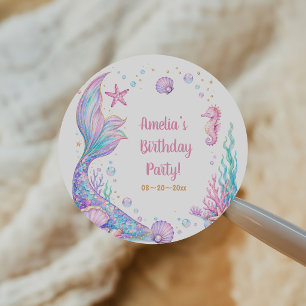 Adesivo Redondo Sereia Rosa Dourado Sob o Mar Aniversário Clássico
