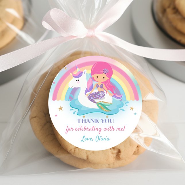 Adesivo Redondo Sereia Rosa e Festa de aniversário Unicorn (Criador carregado)