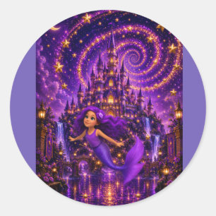 Adesivo Redondo Sereia Roxa Estrela Espiral Fantasia Castelo Arte