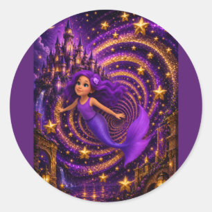 Adesivo Redondo Sereia Roxa Estrela Espiral Fantasia Castelo Arte