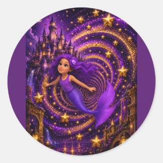 Adesivo Redondo Sereia Roxa Estrela Espiral Fantasia Castelo Arte