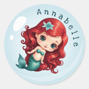 Adesivo Redondo Sereia ruiva em forma de bolha Personaliza