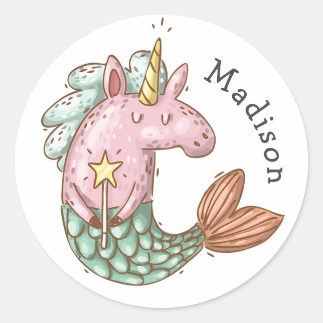 Adesivo Redondo Sereia Whimsical Unicorn com Nome (Frente)
