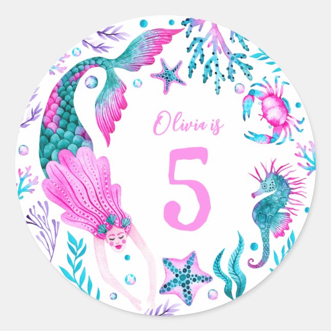 Adesivo Redondo Sereias Aquáticas, Conchas Marítimas + Criaturas O (Frente)