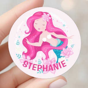 Adesivo Redondo Sereias Meninas Fantasia Personalizada Cabelo Rosa