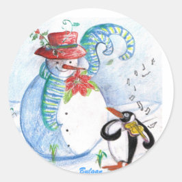 ADESIVO REDONDO SERENADE DE INVERNO DE SNOWMAN E PENGUIN