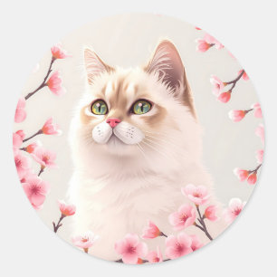 Adesivo Redondo Serene Birman Cat Portrait Com Blossomas De Cereja