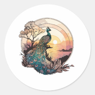 Adesivo Redondo Serenidade no nascer do Sol: Peacock inspirou Trab
