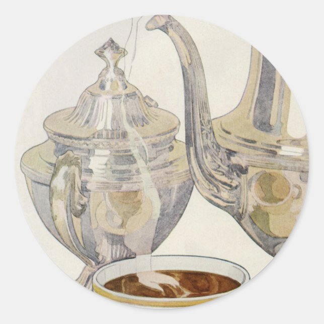 Adesivo Redondo Serviço de Café Prata Vintage (Frente)