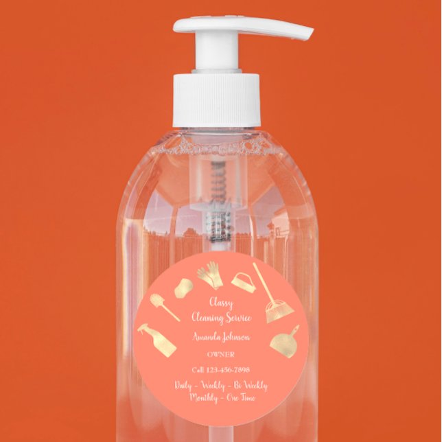 Adesivo Redondo Serviço de limpeza Clássica Maid Dourado Coral (Classy Cleaning Services Office Maid Gold Coral Classic Round Sticker)