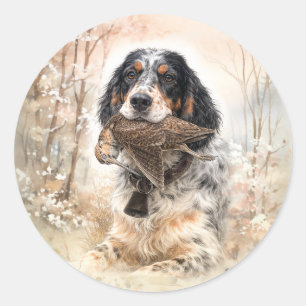Adesivo Redondo Setter Inglês, Caça à Galinhola, Arte Canina