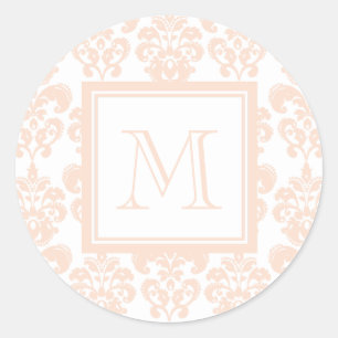 Adesivo Redondo Seu monograma, cor damasco cor-de-rosa 2 da carne