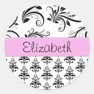 Adesivo Redondo Seu Nome - Damask, Ornaments, Swirls - Black