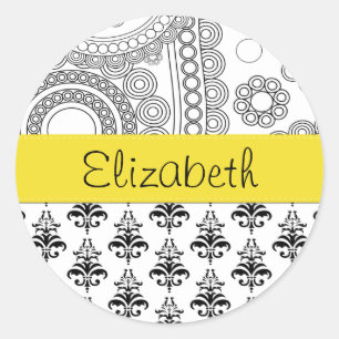 Adesivo Redondo Seu Nome - Damask, Ornaments, Swirls - Black